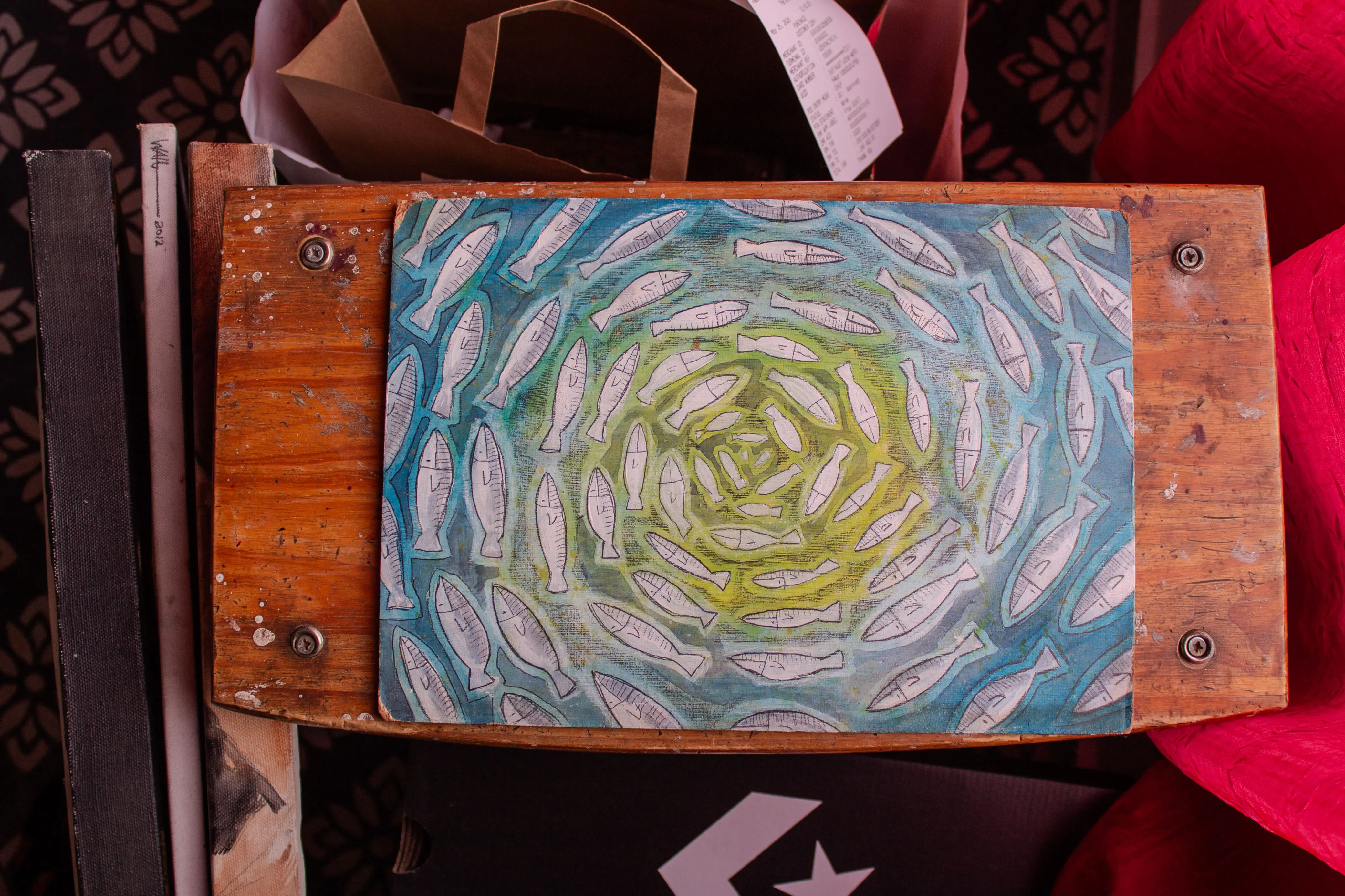 Walt Viviers, Fish Vortex, 2010, Mixed Media on Board